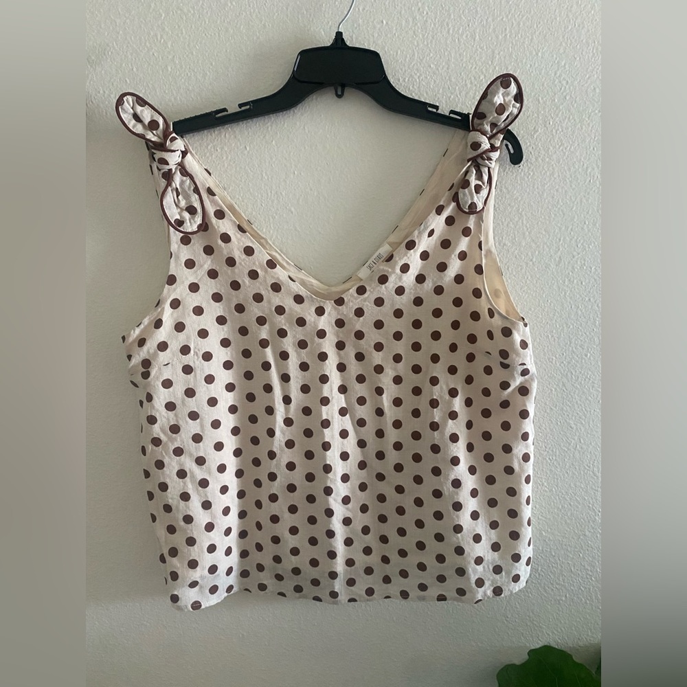 Sage & Citrus Ivory & Brown Polka Dot Tie Shoulder Tank Top Blouse size L
